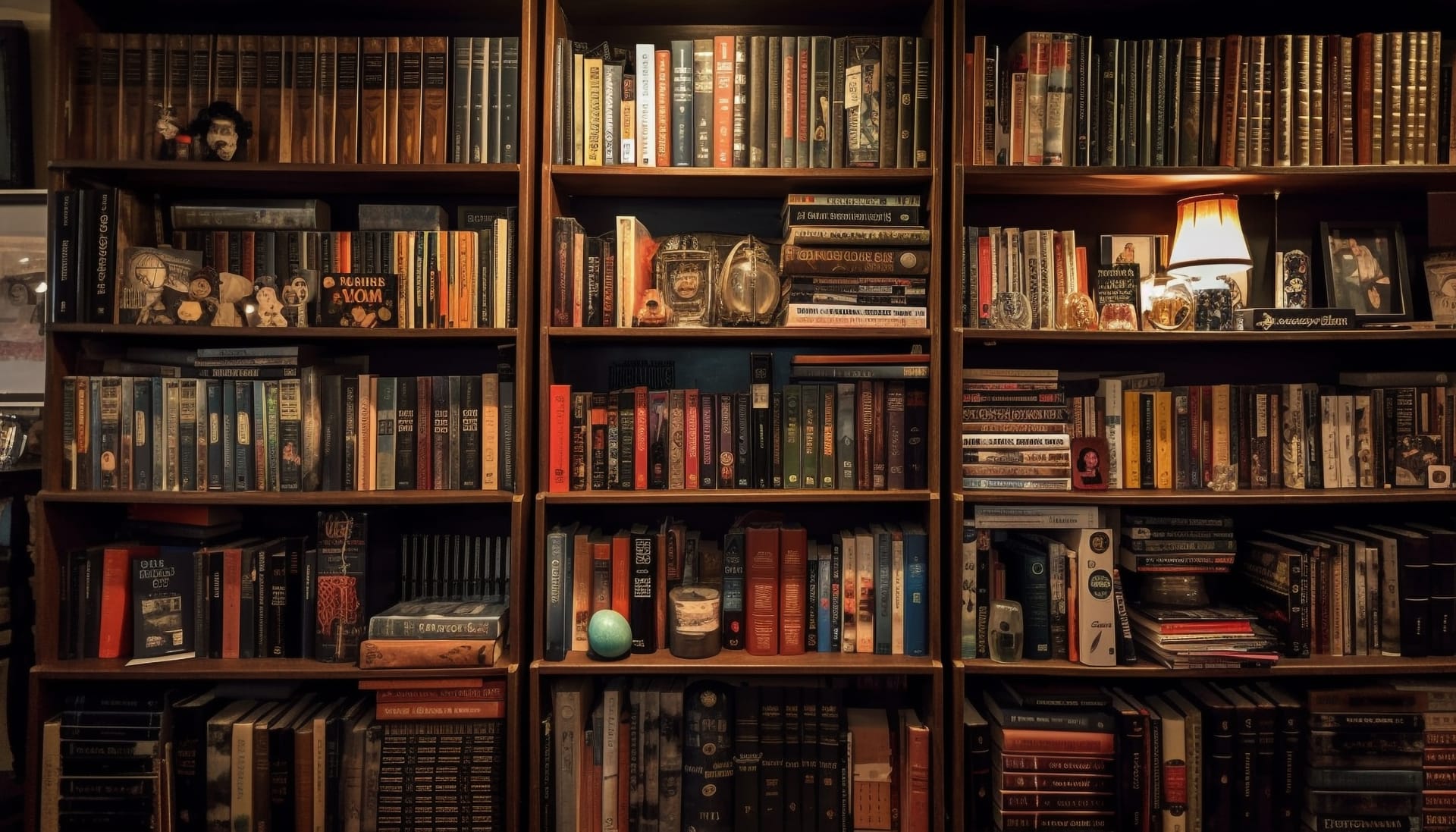 Atmospheric library interior with rows of antique books on wooden shelves